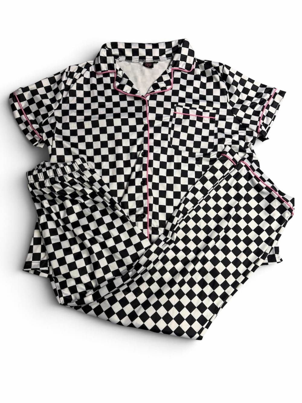 Rebel Raven Checkered Short-Sleeve Pajama Set with Pink Trim- Size S
